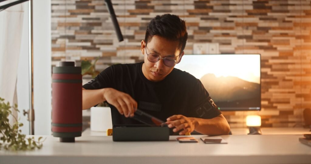 Content creator unboxing and reviewing a product on camera