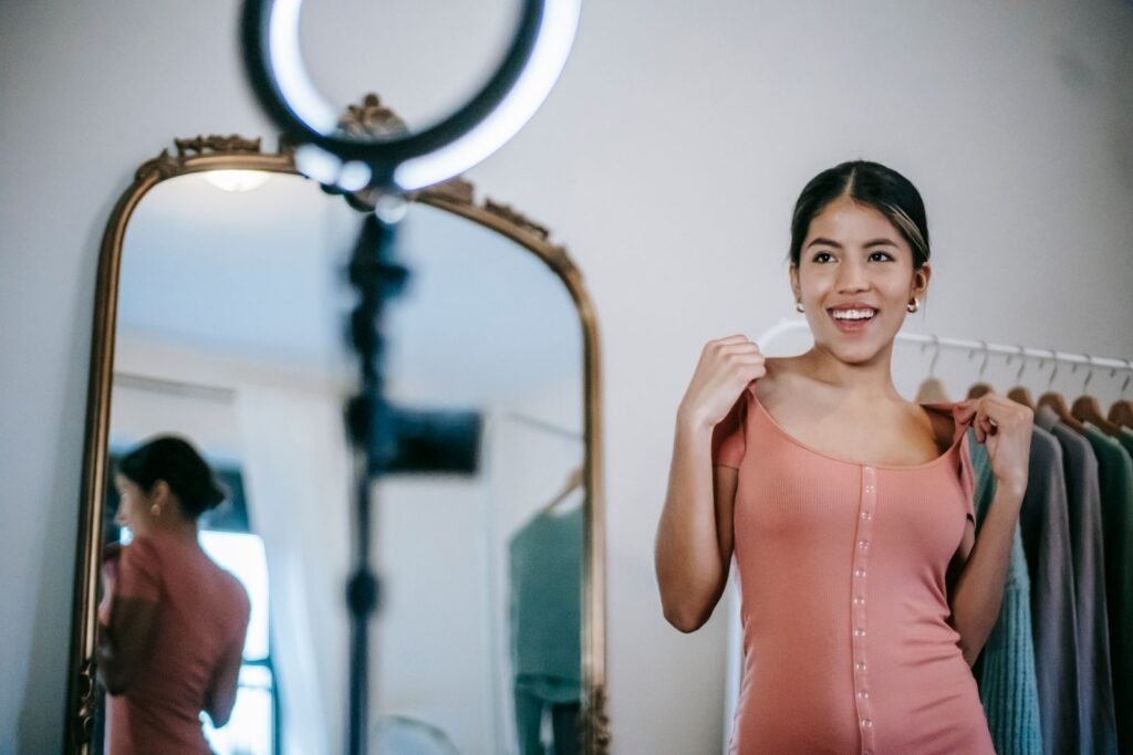 Fashion creator presenting an outfit while filming content